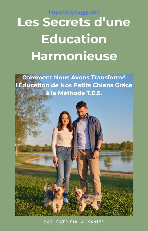 Couverture d'e-book "Les Secrets d'une Éducation Harmonieuse" avec un couple souriant dans un parc, avec leurs deux petits chiens de race Yorkshire, au bord d'un lac.